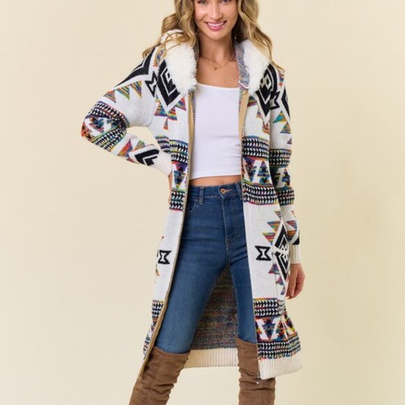 new ON BLUE CARDIGAN SWEATER fur hood western bohemian AZTEC YELLOWSTONE SM-LG - Picture 8 of 9